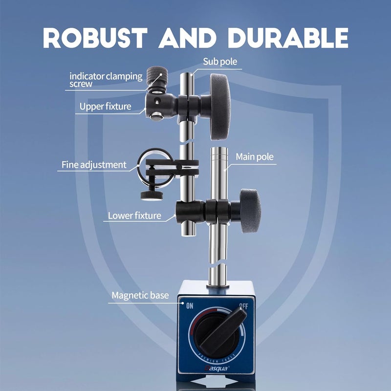 Dasqua Magnetic Base, Adjustable Stand with Fine Adjustment Holder for Dial Indicator, 3/8" Clamping Hole, Strong Pull Force 132lb/60kg - Image 3